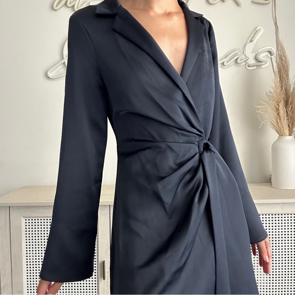 Mango Satin Shirt Tie Dress Night Blue